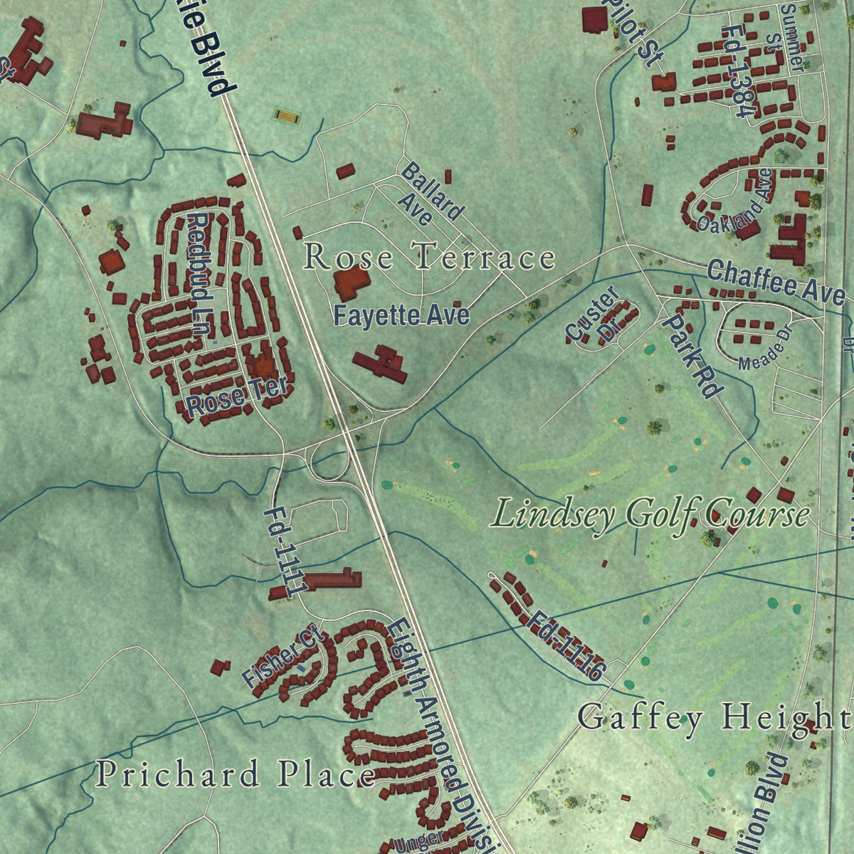 Second close-up of the map of Fort Knox, Kentucky print showing more streets and buildings