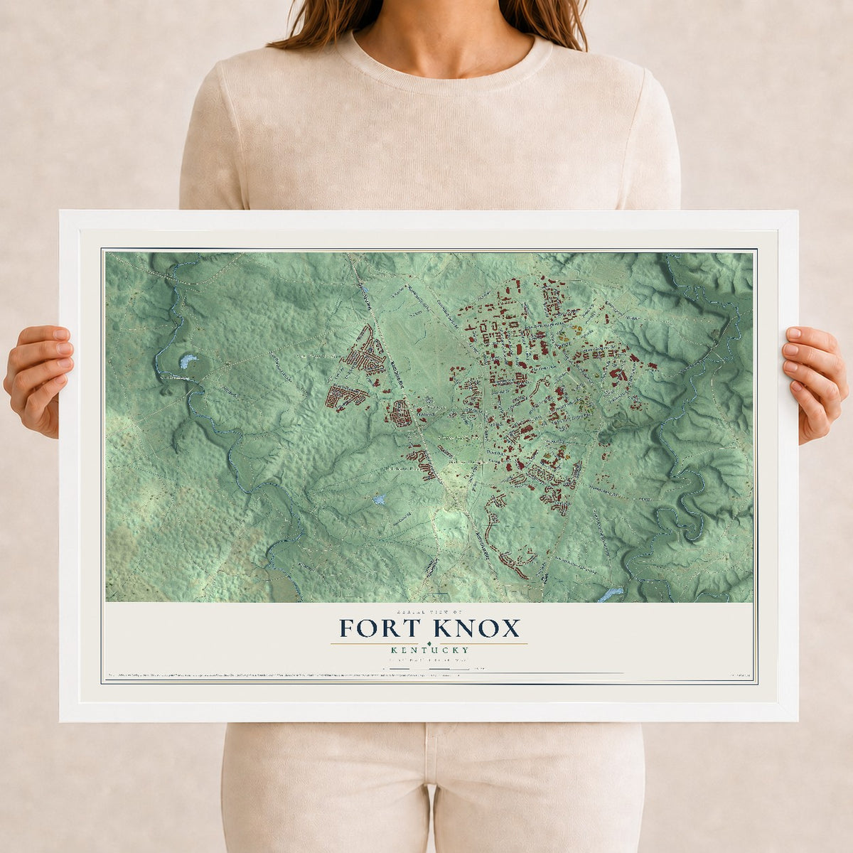 Map of Fort Knox, Kentucky, 12 x 18 inch print in a white wood frame