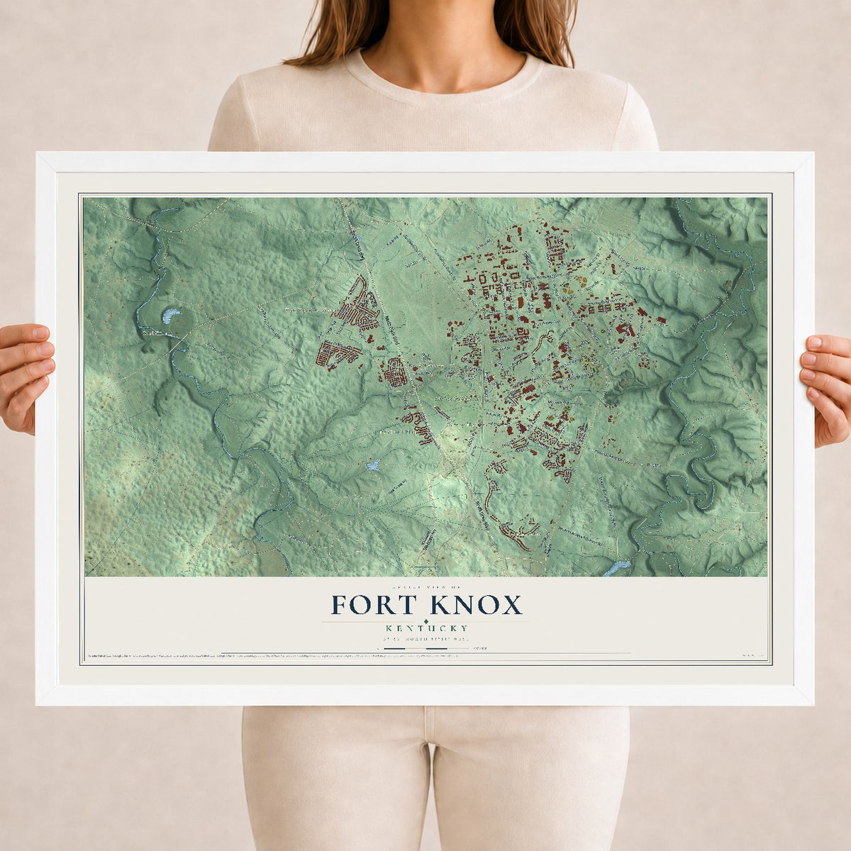 Map of Fort Knox, Kentucky, 18 x 24 inch print in a white wood frame