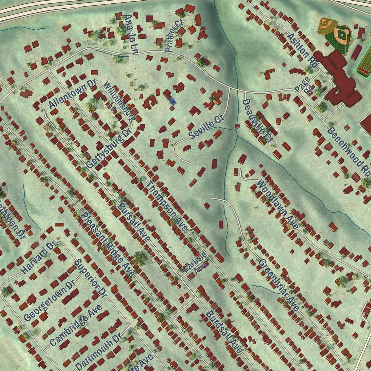Close-up of the map of Fort Mitchell, Kentucky print showing street and building detail