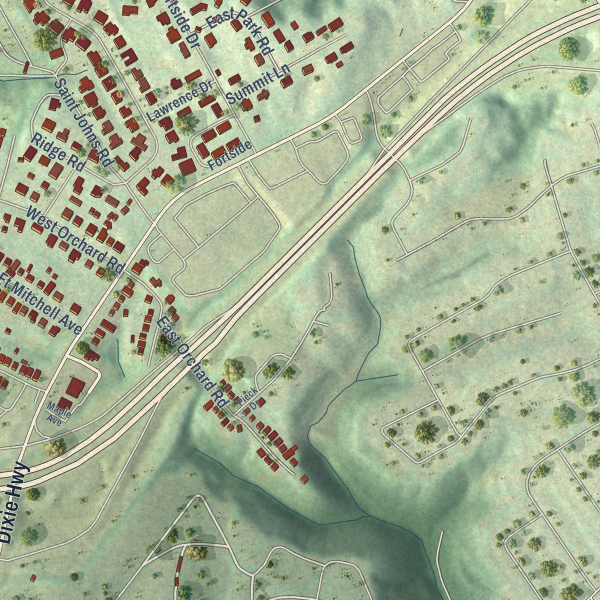 Second close-up of the map of Fort Mitchell, Kentucky print showing more streets and buildings