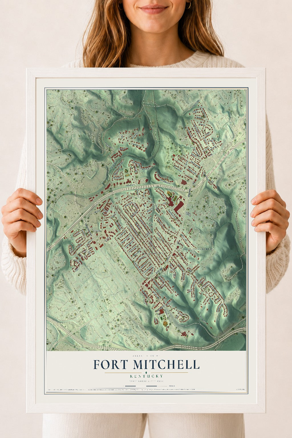 Map of Fort Mitchell, Kentucky, 18 x 24 inch print in a white wood frame