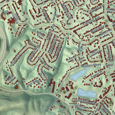 Close-up of the map of Fort Thomas, Kentucky print showing street and building detail