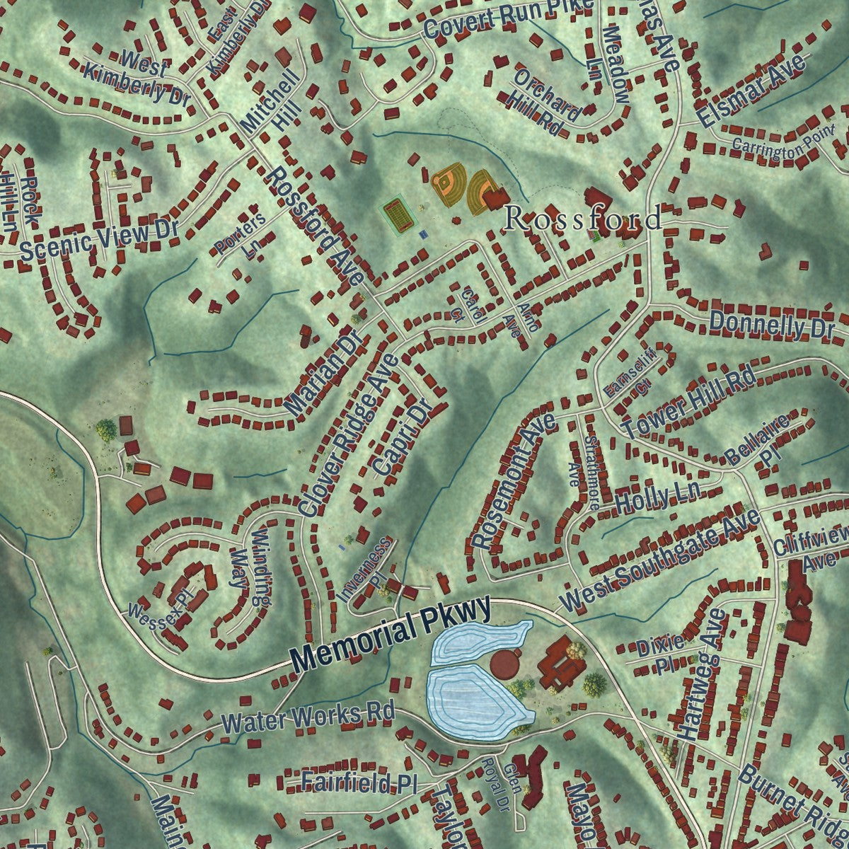 Second close-up of the map of Fort Thomas, Kentucky print showing more streets and buildings