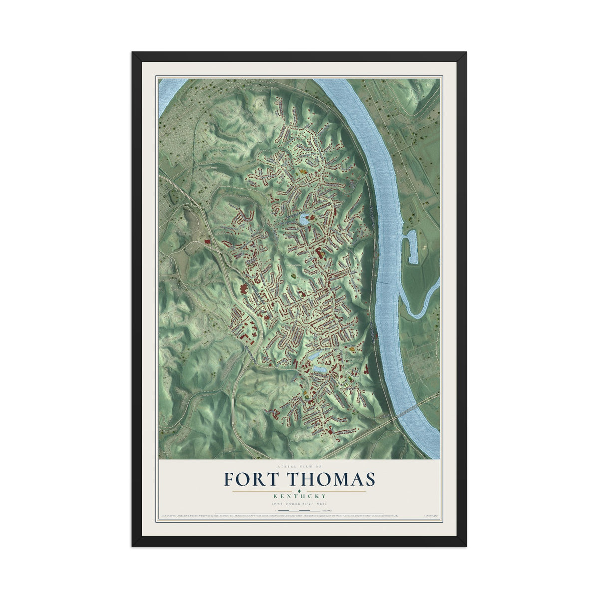 Map of Fort Thomas, Kentucky, 12 x 18 inch print in a black wood frame
