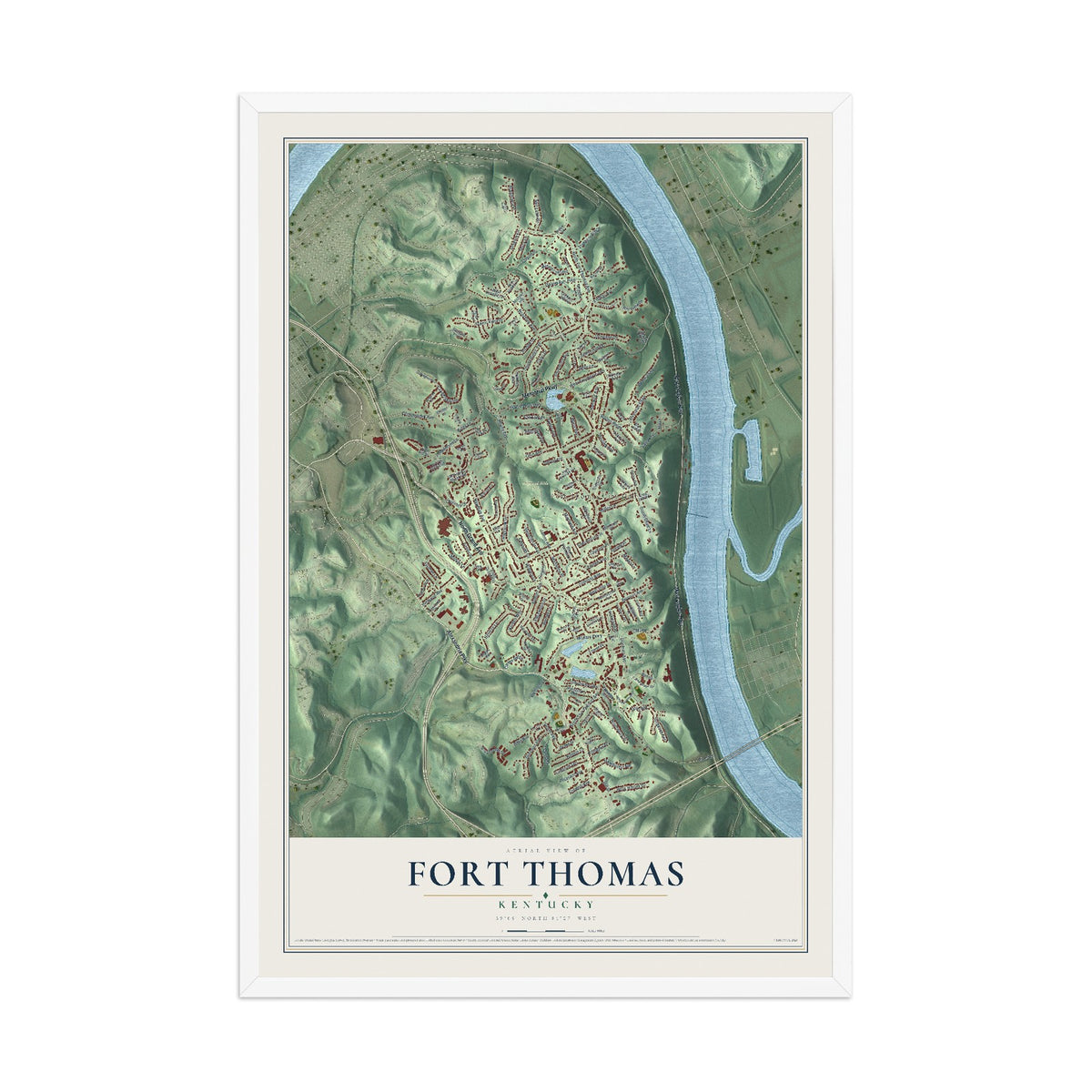 Map of Fort Thomas, Kentucky, 12 x 18 inch print in a white wood frame