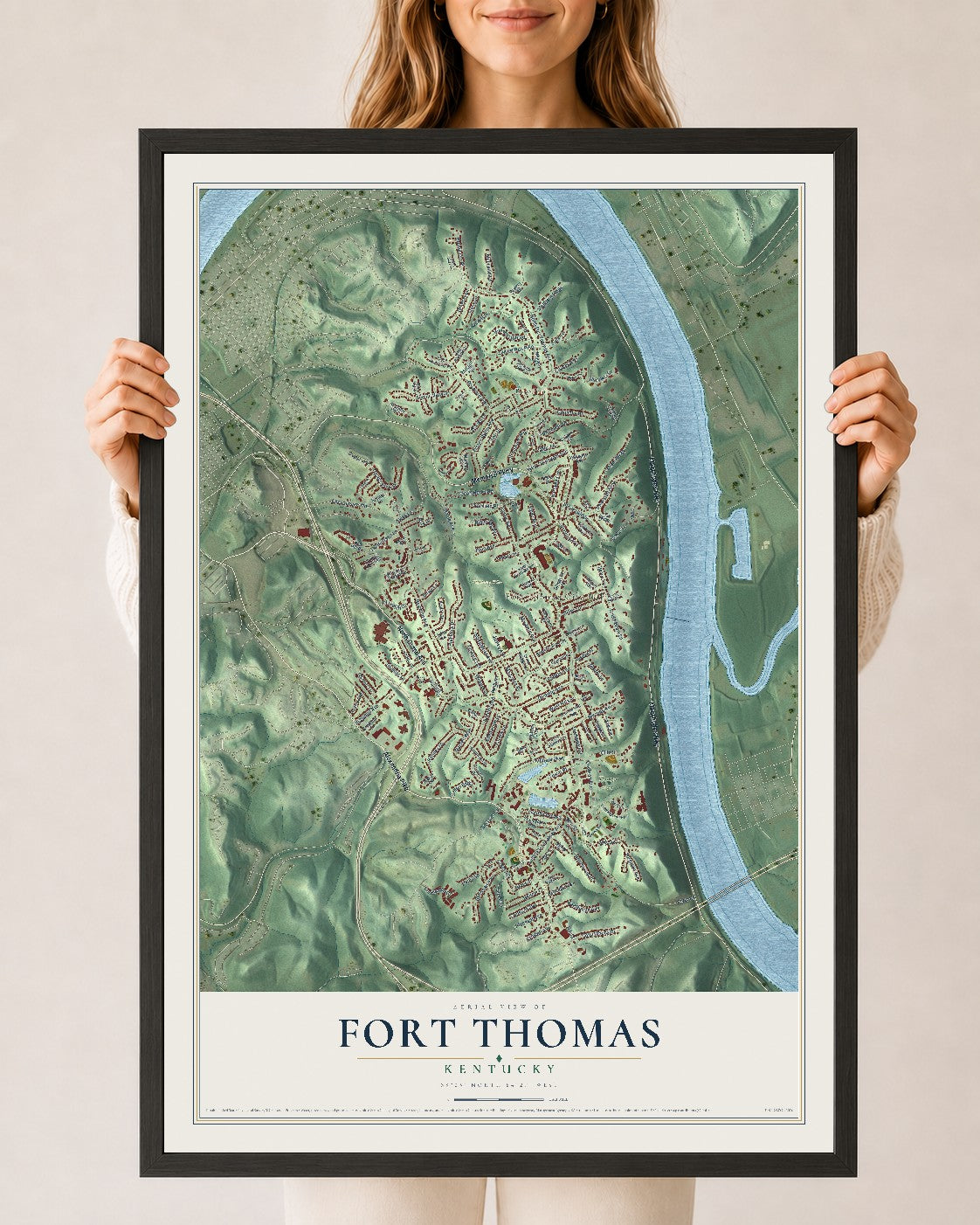 Map of Fort Thomas, Kentucky, 24 x 36 inch print in a black wood frame