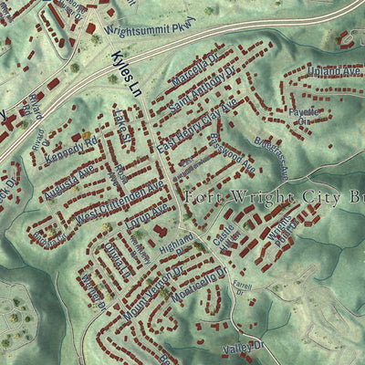 Close-up of the map of Fort Wright, Kentucky print showing street and building detail