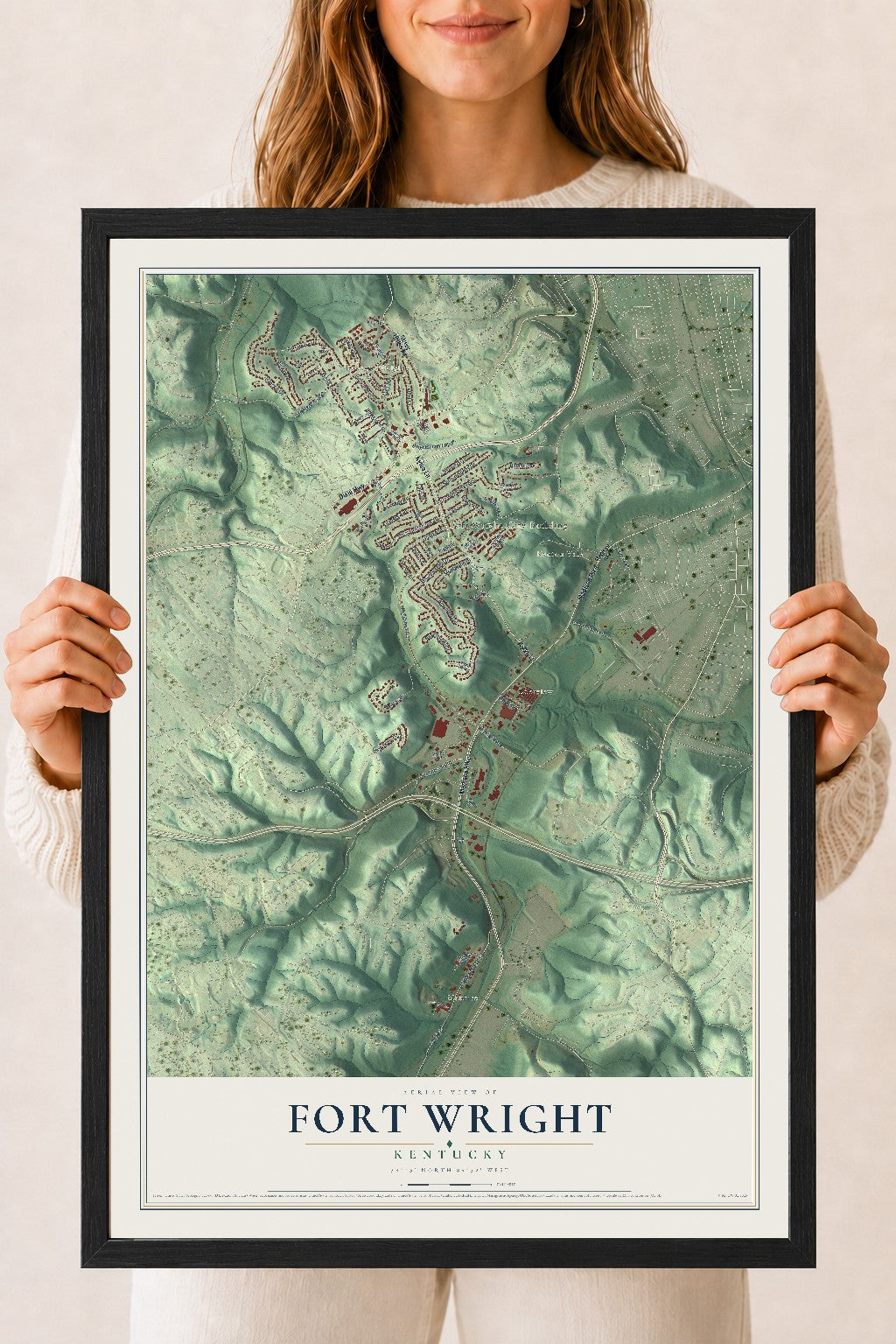 Map of Fort Wright, Kentucky, 18 x 24 inch print in a black wood frame
