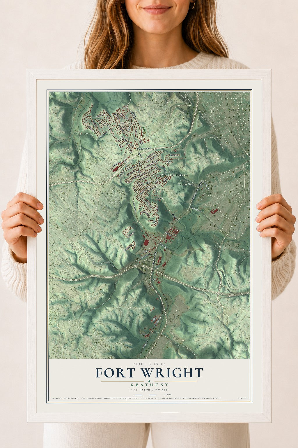 Map of Fort Wright, Kentucky, 18 x 24 inch print in a white wood frame