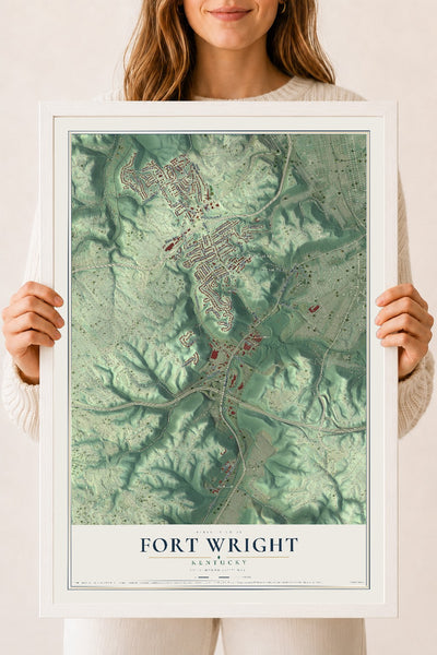 Map of Fort Wright, Kentucky, 18 x 24 inch print in a white wood frame
