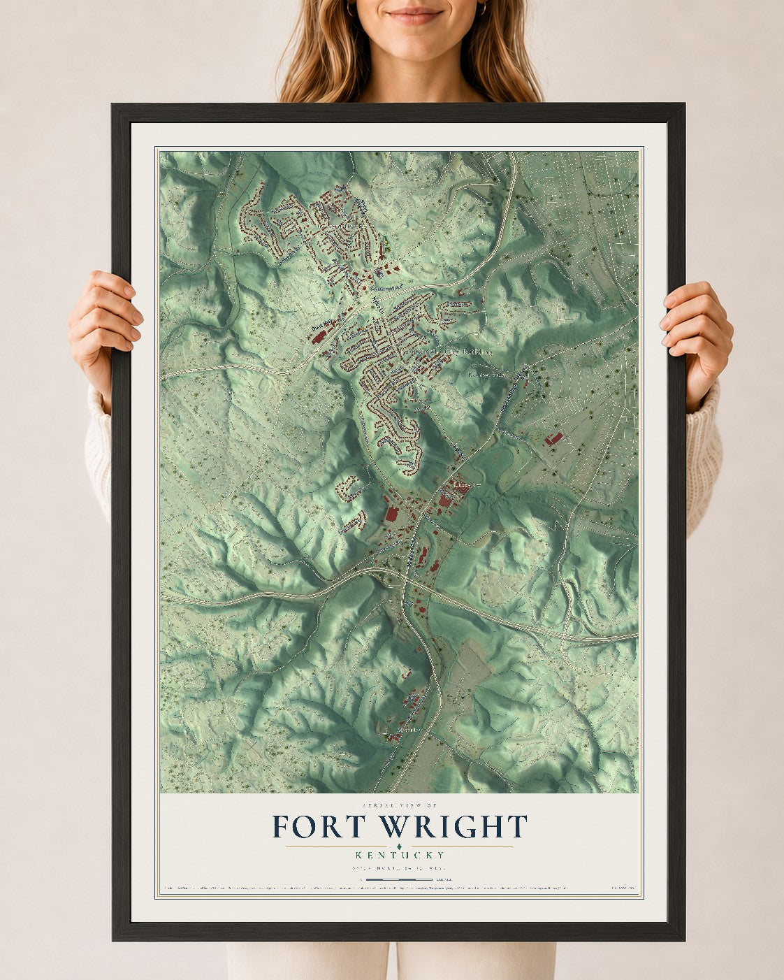 Map of Fort Wright, Kentucky, 24 x 36 inch print in a black wood frame