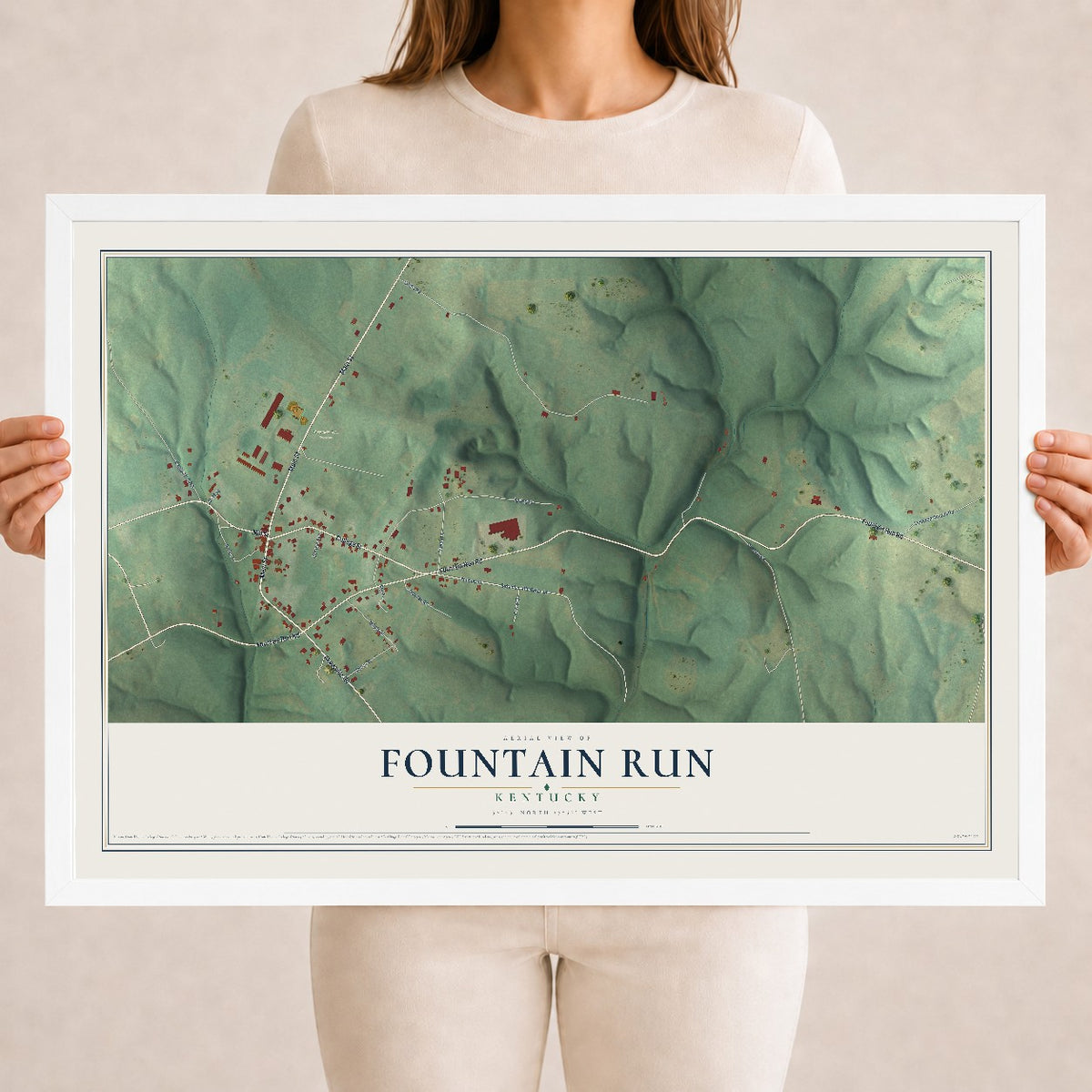Map of Fountain Run, Kentucky, 18 x 24 inch print in a white wood frame