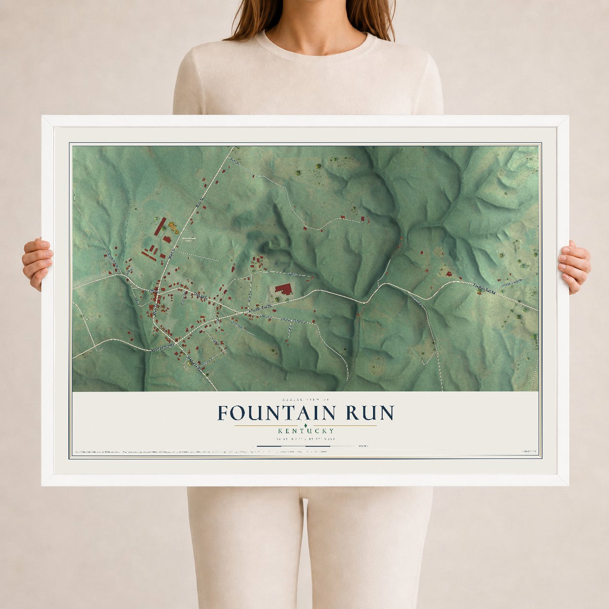 Map of Fountain Run, Kentucky, 24 x 36 inch print in a white wood frame