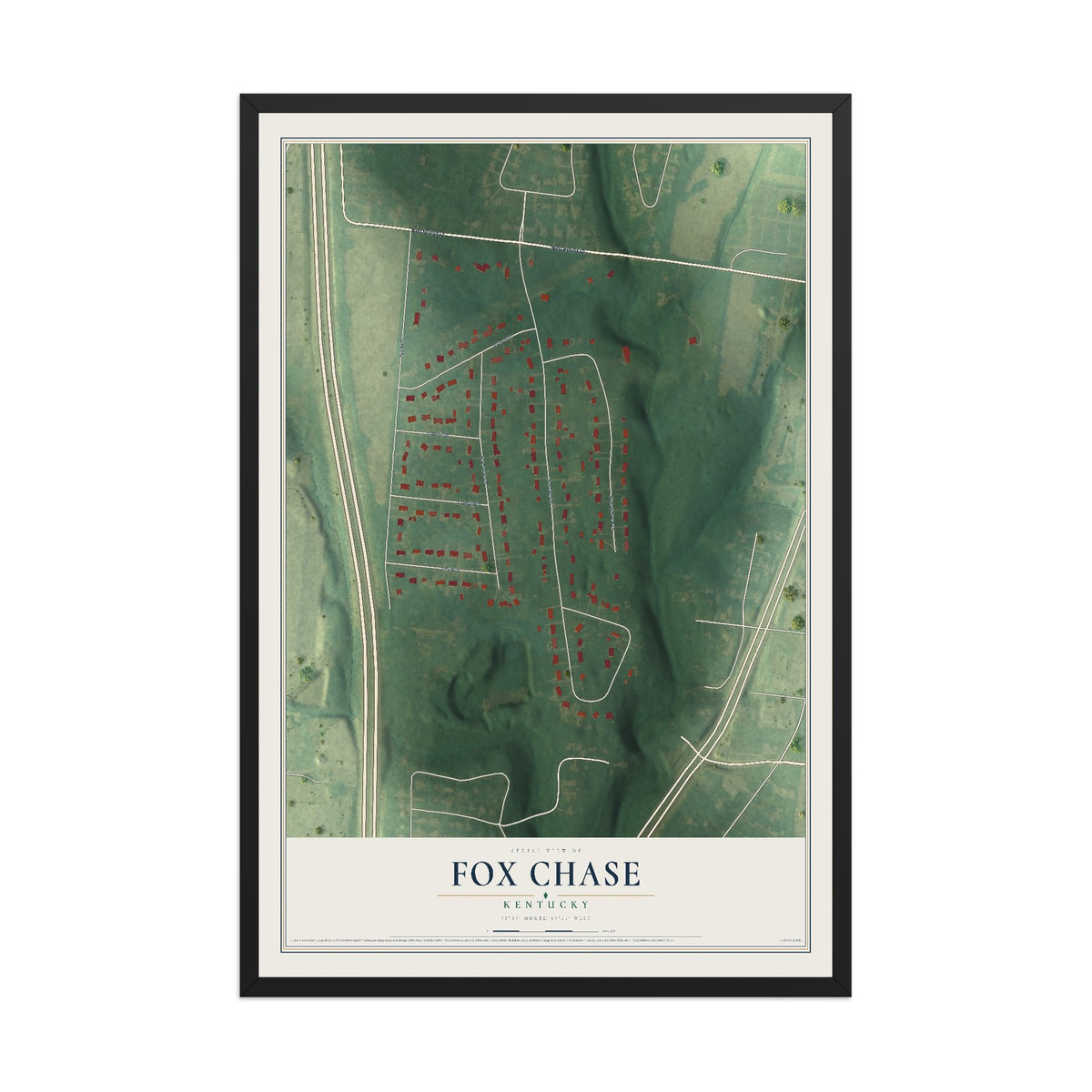 Map of Fox Chase, Kentucky, 12 x 18 inch print in a black wood frame