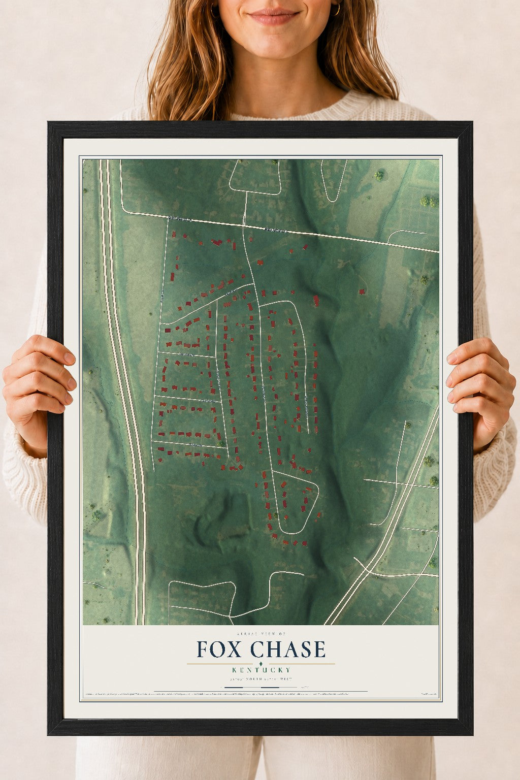 Map of Fox Chase, Kentucky, 18 x 24 inch print in a black wood frame