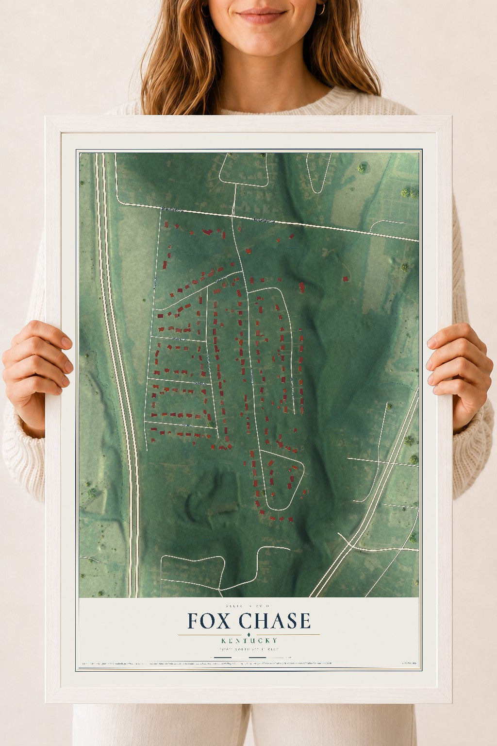 Map of Fox Chase, Kentucky, 18 x 24 inch print in a white wood frame