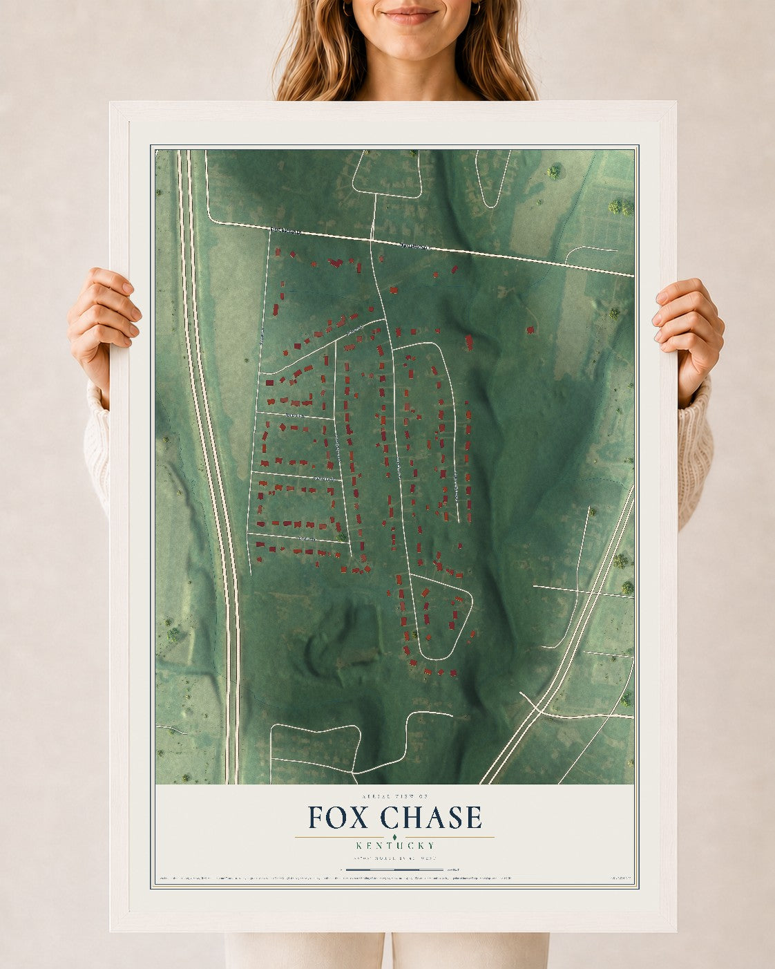 Map of Fox Chase, Kentucky, 24 x 36 inch print in a white wood frame