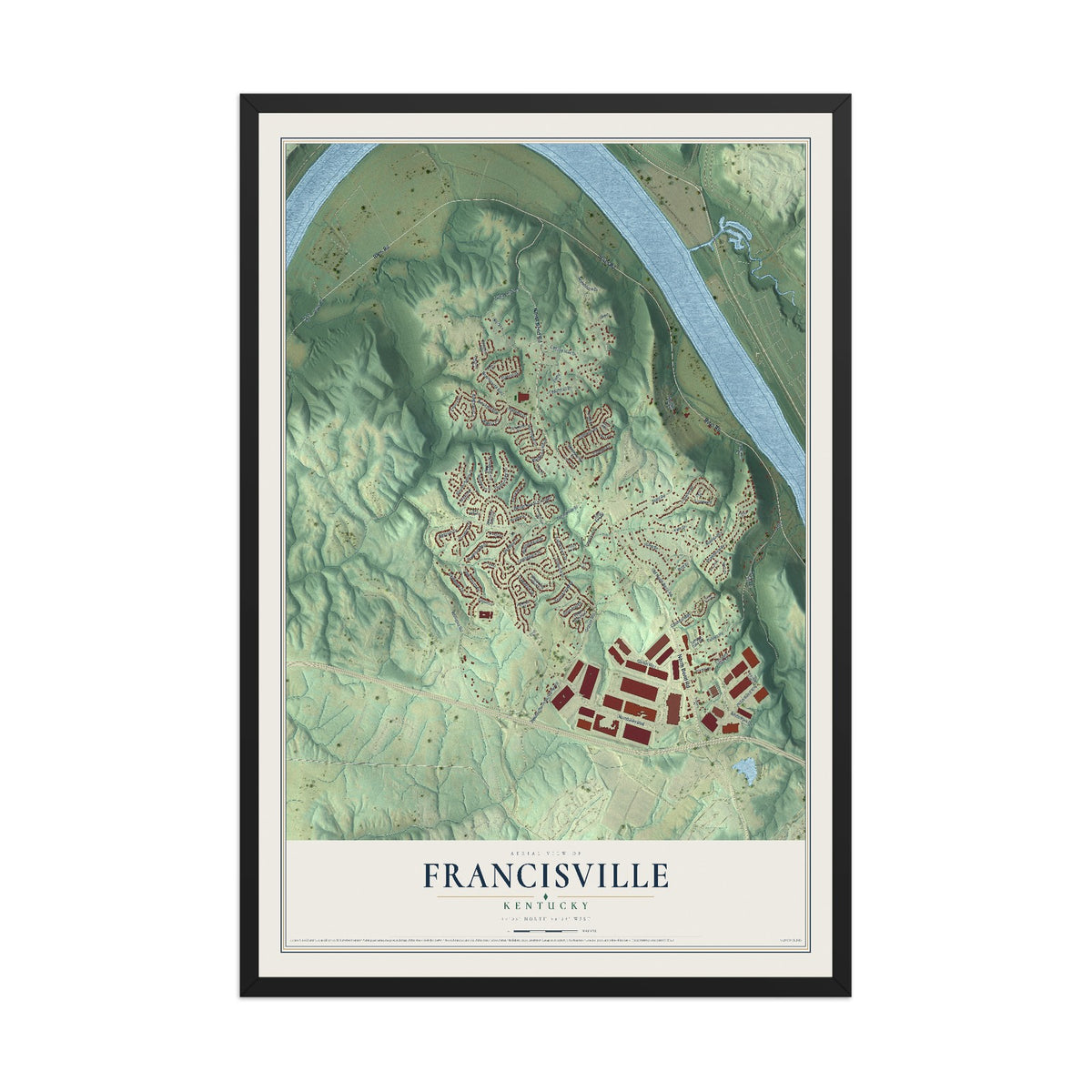 Map of Francisville, Kentucky, 12 x 18 inch print in a black wood frame