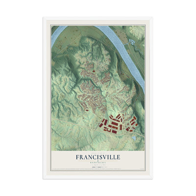 Map of Francisville, Kentucky, 12 x 18 inch print in a white wood frame