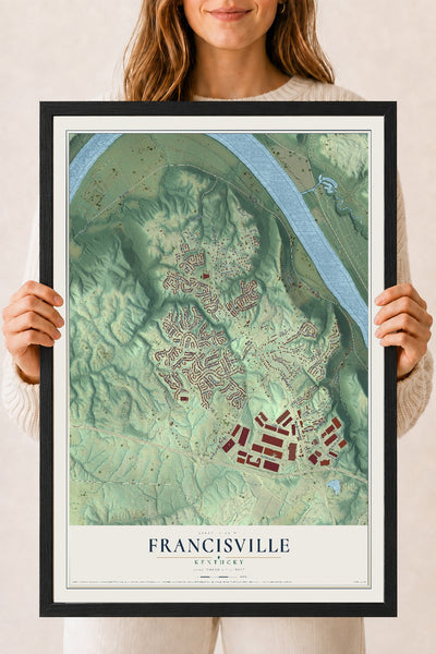 Map of Francisville, Kentucky, 18 x 24 inch print in a black wood frame