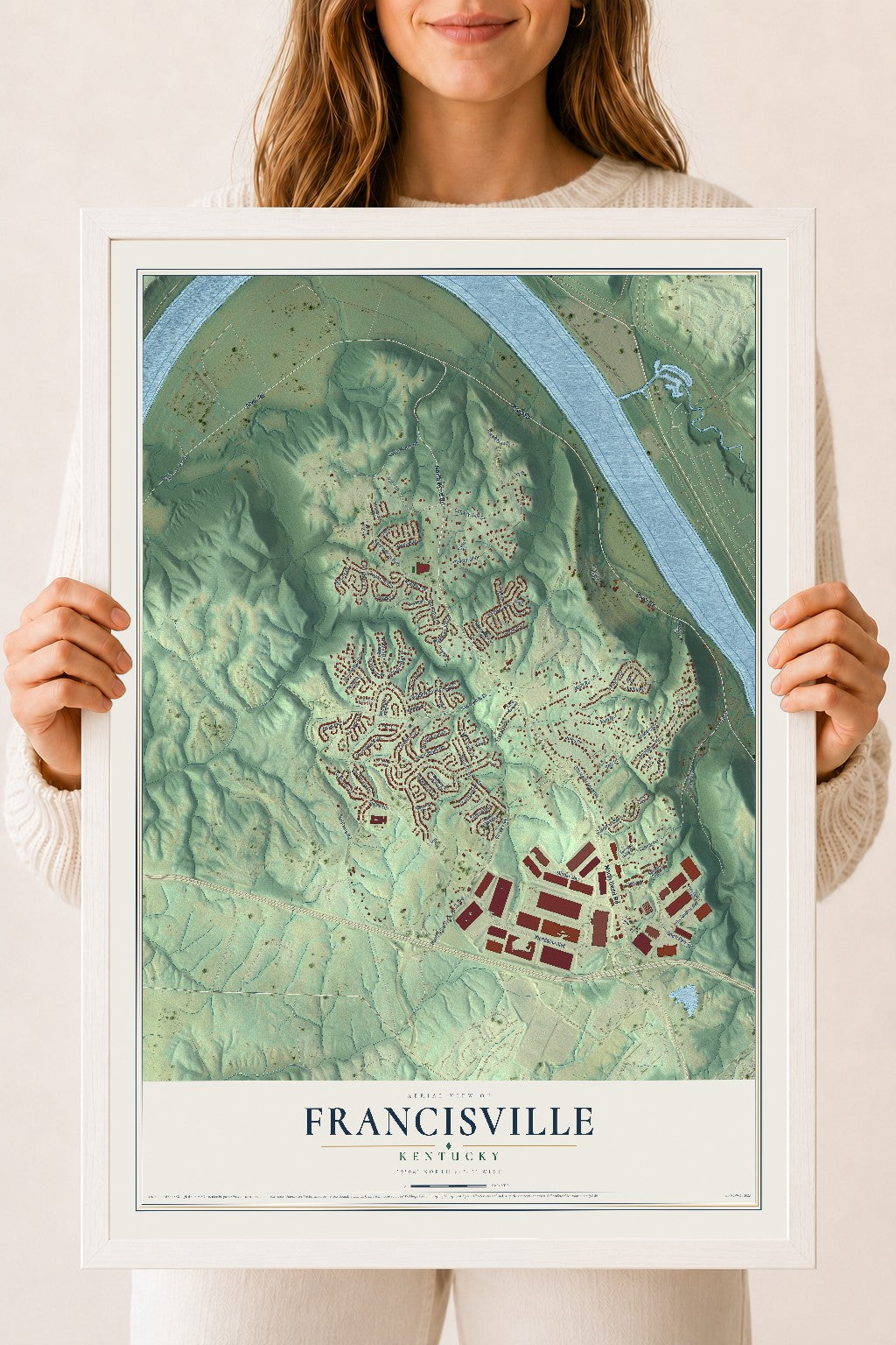 Map of Francisville, Kentucky, 18 x 24 inch print in a white wood frame