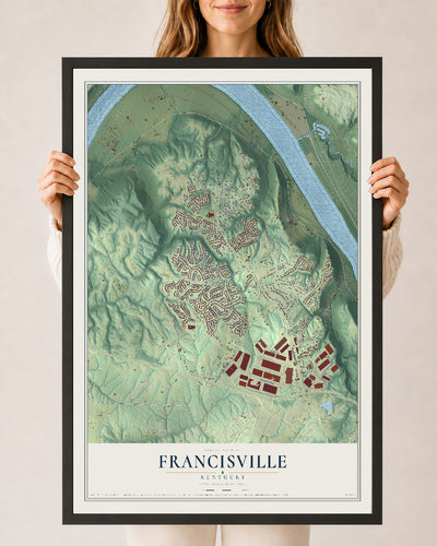 Map of Francisville, Kentucky, 24 x 36 inch print in a black wood frame
