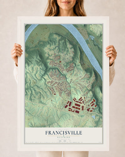 Map of Francisville, Kentucky, 24 x 36 inch print in a white wood frame