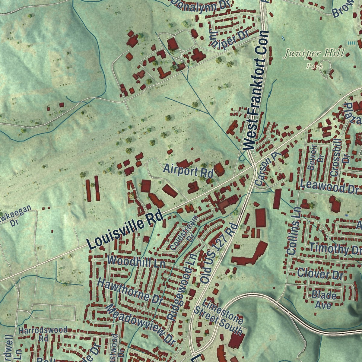Second close-up of the map of Frankfort, Kentucky print showing more streets and buildings