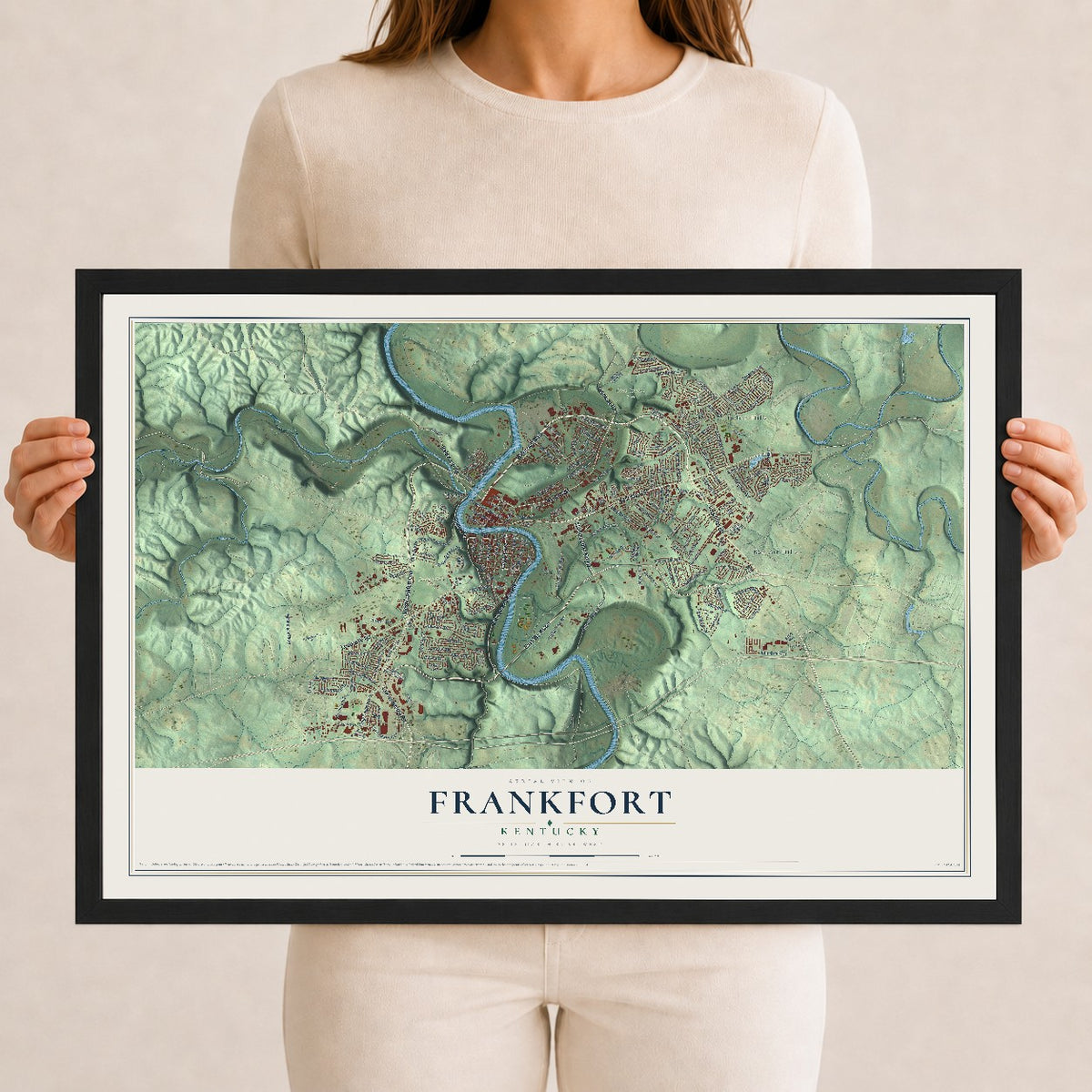 Map of Frankfort, Kentucky, 12 x 18 inch print in a black wood frame