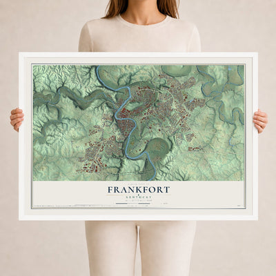 Map of Frankfort, Kentucky, 24 x 36 inch print in a white wood frame