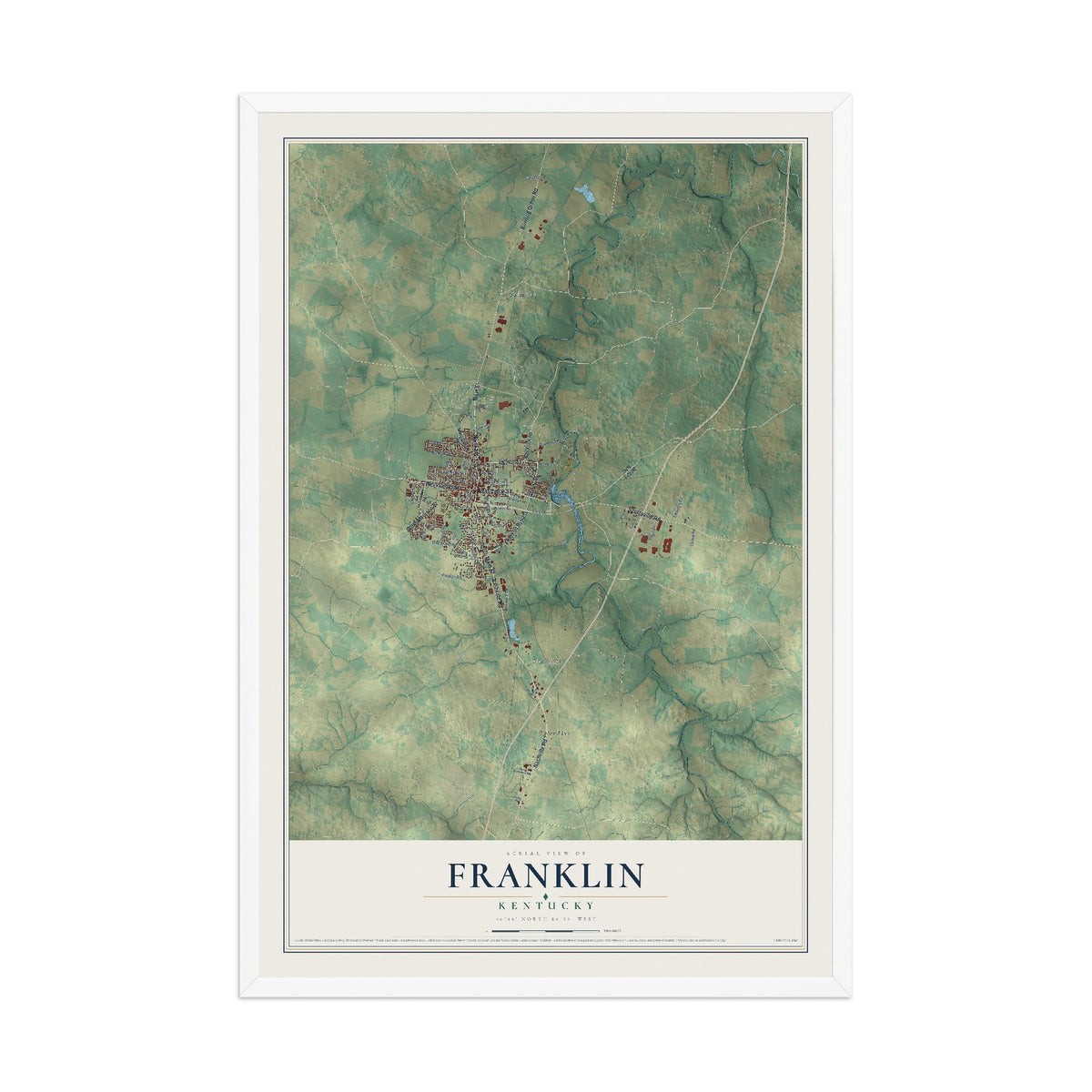 Map of Franklin, Kentucky, 12 x 18 inch print in a white wood frame
