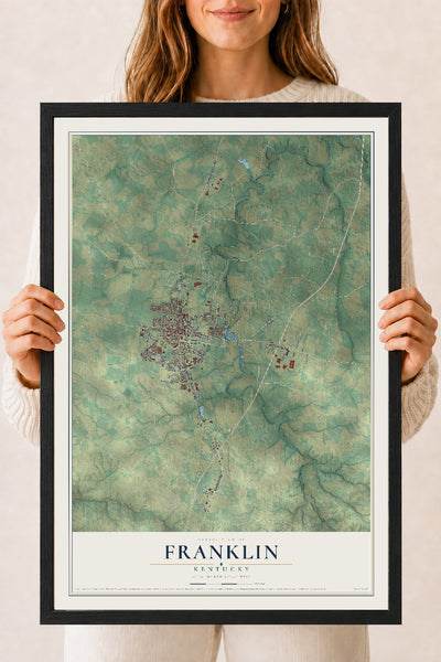 Map of Franklin, Kentucky, 18 x 24 inch print in a black wood frame