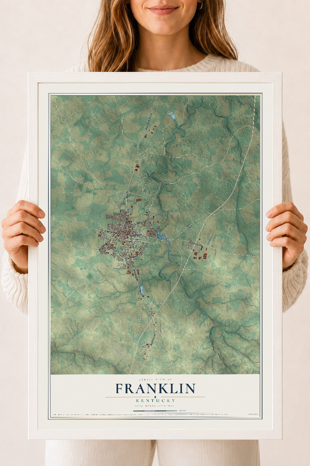 Map of Franklin, Kentucky, 18 x 24 inch print in a white wood frame