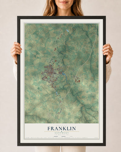 Map of Franklin, Kentucky, 24 x 36 inch print in a black wood frame