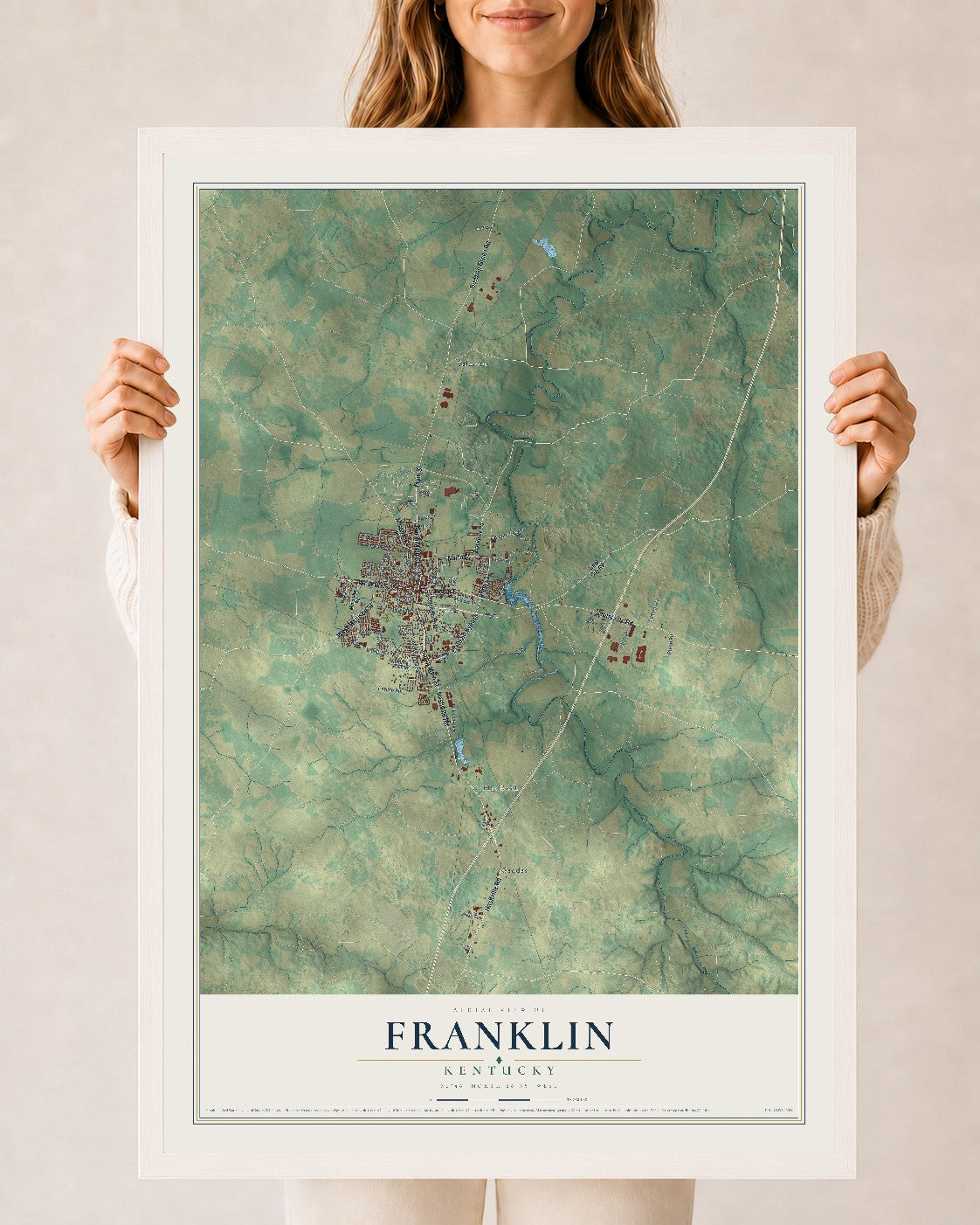 Map of Franklin, Kentucky, 24 x 36 inch print in a white wood frame