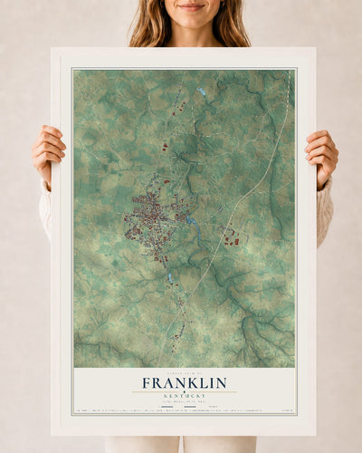 Map of Franklin, Kentucky, 24 x 36 inch print in a white wood frame
