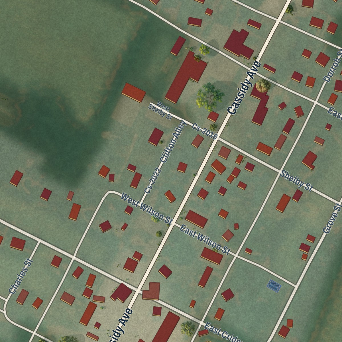 Close-up of the map of Fredonia, Kentucky print showing street and building detail
