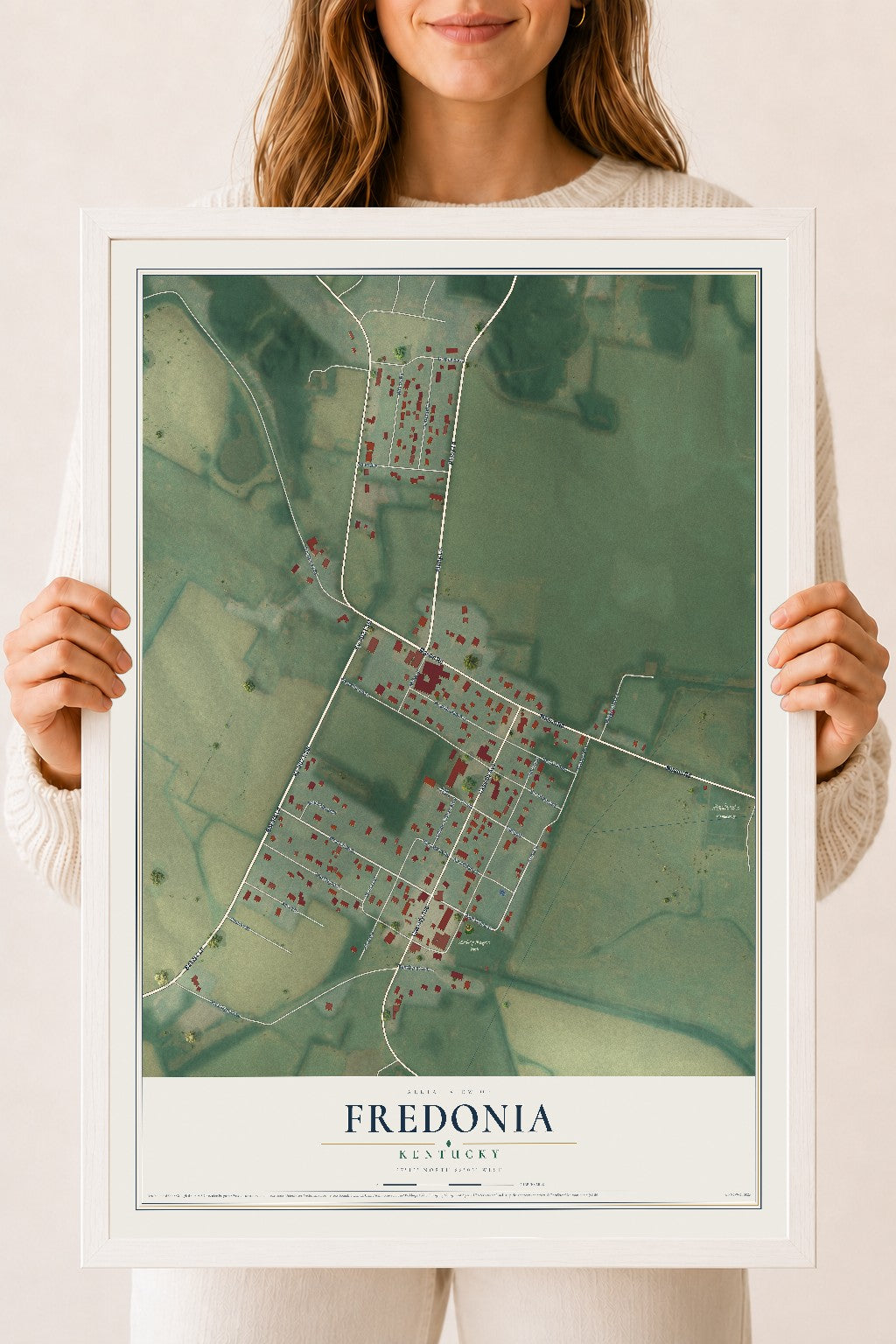 Map of Fredonia, Kentucky, 18 x 24 inch print in a white wood frame