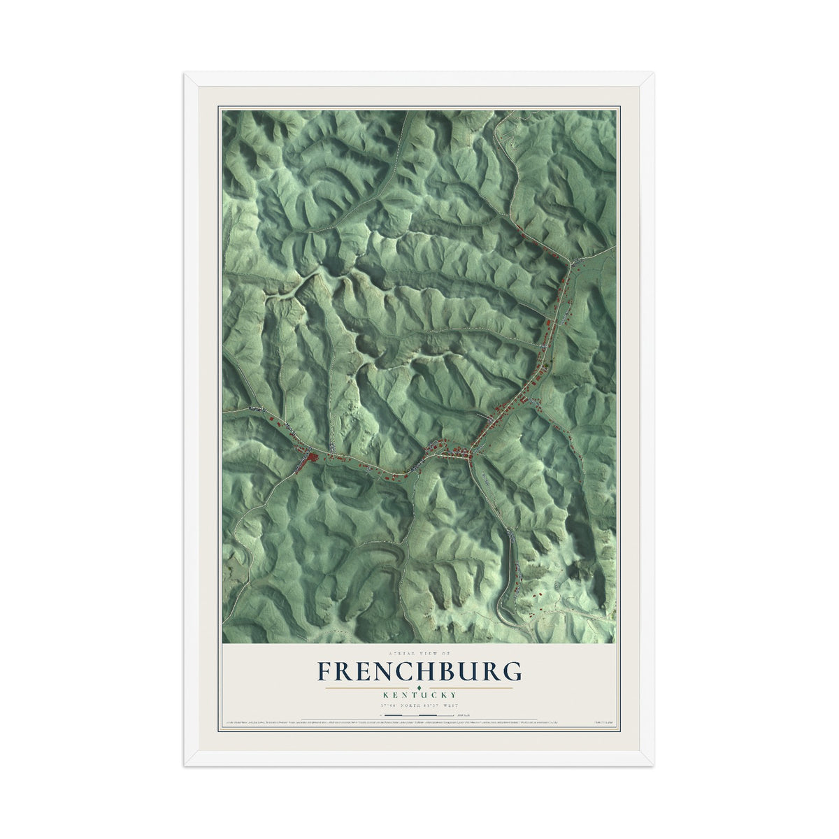 Map of Frenchburg, Kentucky, 12 x 18 inch print in a white wood frame
