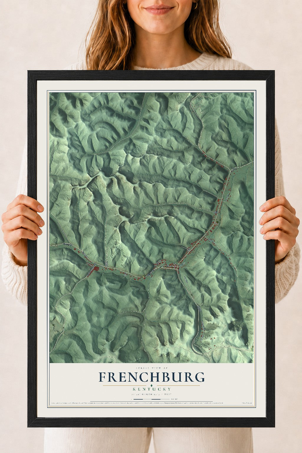 Map of Frenchburg, Kentucky, 18 x 24 inch print in a black wood frame