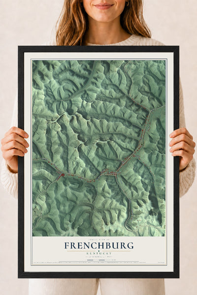 Map of Frenchburg, Kentucky, 18 x 24 inch print in a black wood frame