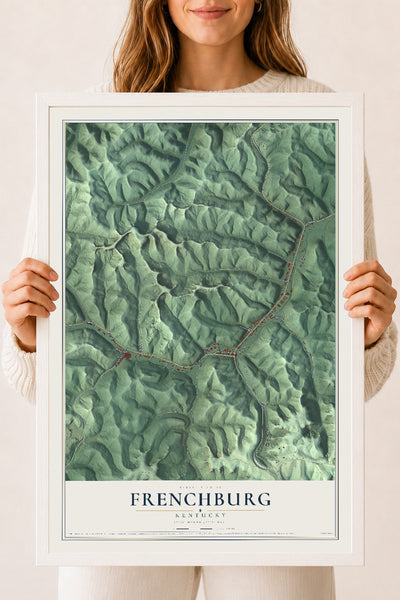 Map of Frenchburg, Kentucky, 18 x 24 inch print in a white wood frame
