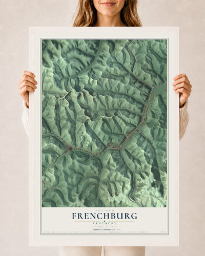 Map of Frenchburg, Kentucky, 24 x 36 inch print in a white wood frame