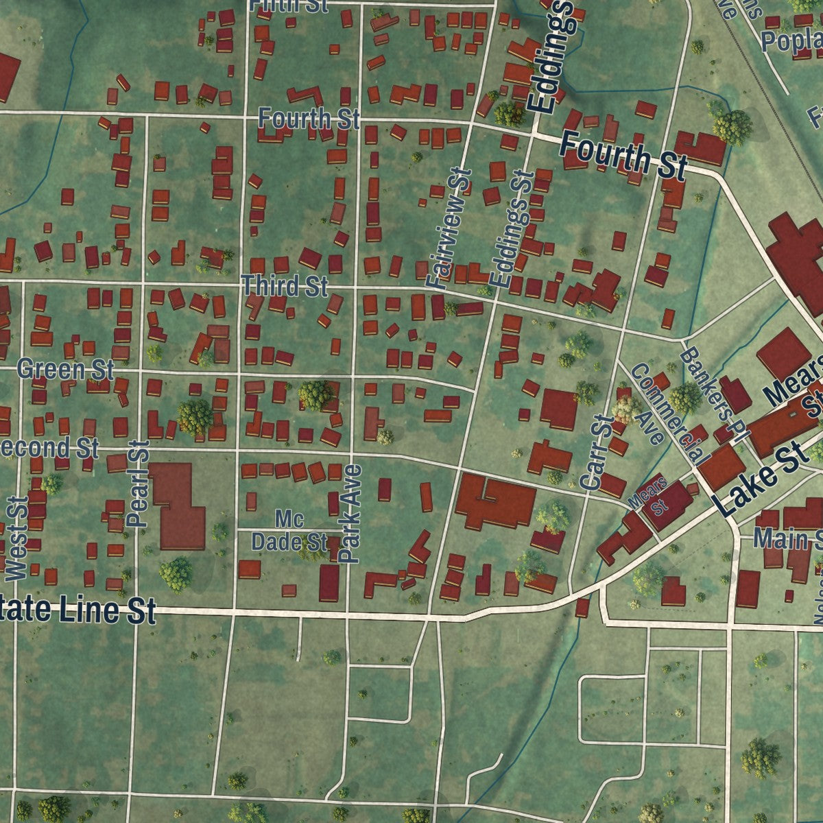 Close-up of the map of Fulton, Kentucky print showing street and building detail