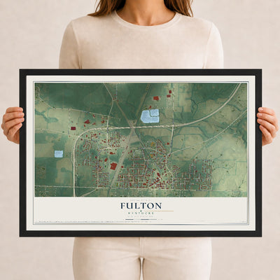 Map of Fulton, Kentucky, 12 x 18 inch print in a black wood frame