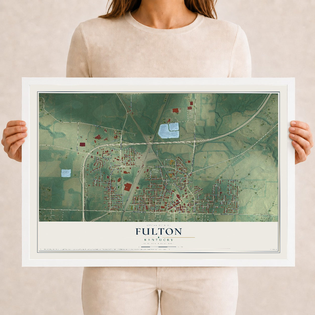 Map of Fulton, Kentucky, 12 x 18 inch print in a white wood frame