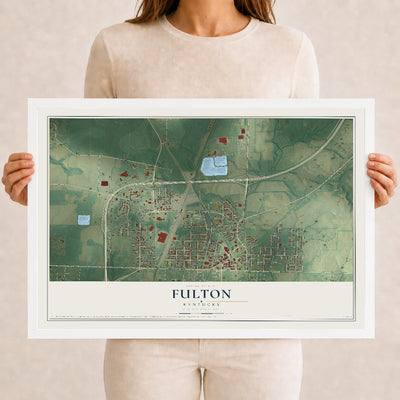 Map of Fulton, Kentucky, 12 x 18 inch print in a white wood frame