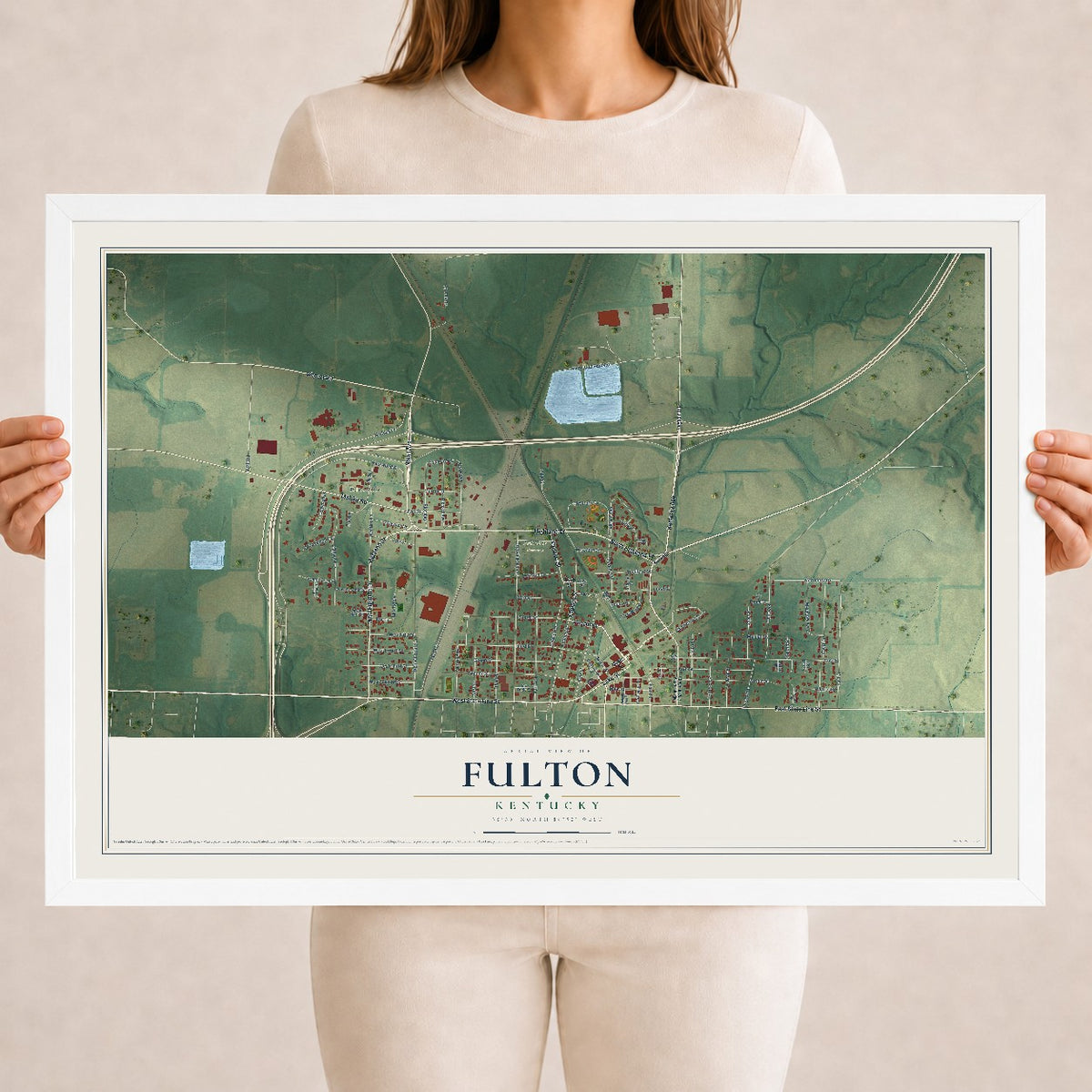 Map of Fulton, Kentucky, 18 x 24 inch print in a white wood frame