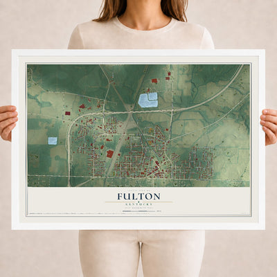 Map of Fulton, Kentucky, 18 x 24 inch print in a white wood frame